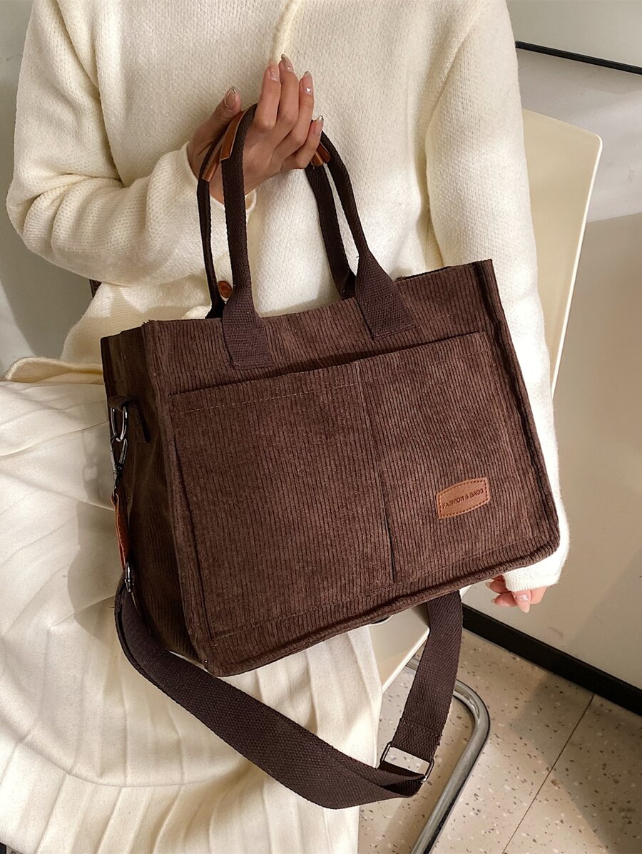 Letter Patch Decor Shoulder Tote Bag, Stylish Linen, PVC Bag For Groceries & Gifts, Tote Bags For Students, Multiple Compartments, Perfect For Beach, School, Work & Daily Use - Coffee Brown - View 1