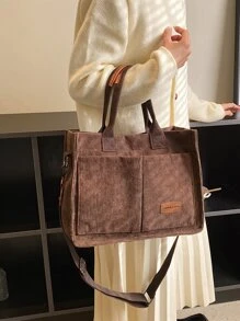 Letter Patch Decor Shoulder Tote Bag, Stylish Linen, PVC Bag For Groceries & Gifts, Tote Bags For Students, Multiple Compartments, Perfect For Beach, School, Work & Daily Use - Coffee Brown - View 2