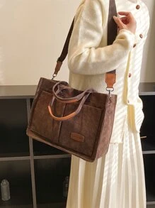 Letter Patch Decor Shoulder Tote Bag, Stylish Linen, PVC Bag For Groceries & Gifts, Tote Bags For Students, Multiple Compartments, Perfect For Beach, School, Work & Daily Use - Coffee Brown - View 3