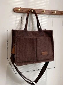 Letter Patch Decor Shoulder Tote Bag, Stylish Linen, PVC Bag For Groceries & Gifts, Tote Bags For Students, Multiple Compartments, Perfect For Beach, School, Work & Daily Use - Coffee Brown - View 4