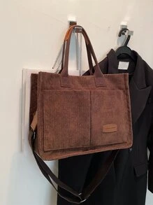 Letter Patch Decor Shoulder Tote Bag, Stylish Linen, PVC Bag For Groceries & Gifts, Tote Bags For Students, Multiple Compartments, Perfect For Beach, School, Work & Daily Use - Coffee Brown - View 5