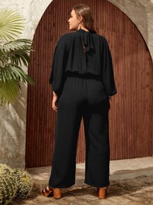 SHEIN LUNE 大碼後綁帶蝙蝠袖闊腿連體褲不附腰帶 - 黑色 - 查看 1