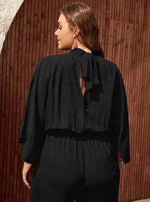 SHEIN LUNE 大碼後綁帶蝙蝠袖闊腿連體褲不附腰帶 - 黑色 - 查看 2