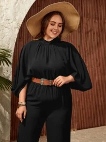 SHEIN LUNE 大碼後綁帶蝙蝠袖闊腿連體褲不附腰帶 - 黑色 - 查看 5