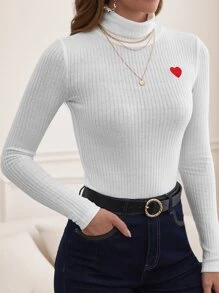 SHEIN Frenchy Camiseta con bordado de corazón tejido de canalé - Blanco - Ver 3