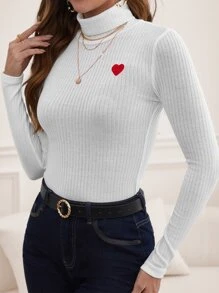 SHEIN Frenchy Camiseta con bordado de corazón tejido de canalé - Blanco - Ver 4