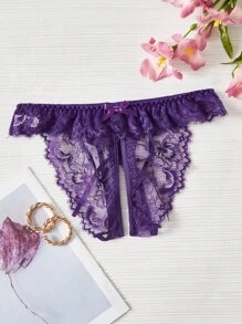 花卉綁帶鏤空丁字褲 - 紫色 - 查看 2