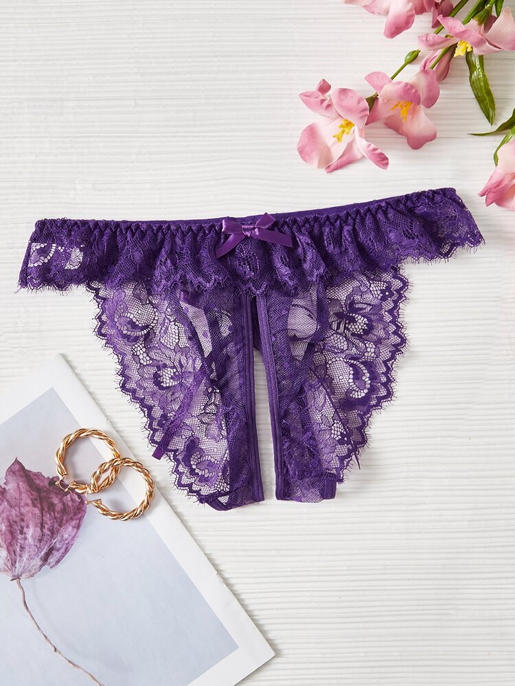花卉綁帶鏤空丁字褲 - 紫色 - 查看 2