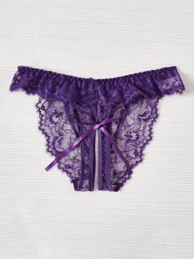 花卉綁帶鏤空丁字褲 - 紫色 - 查看 1