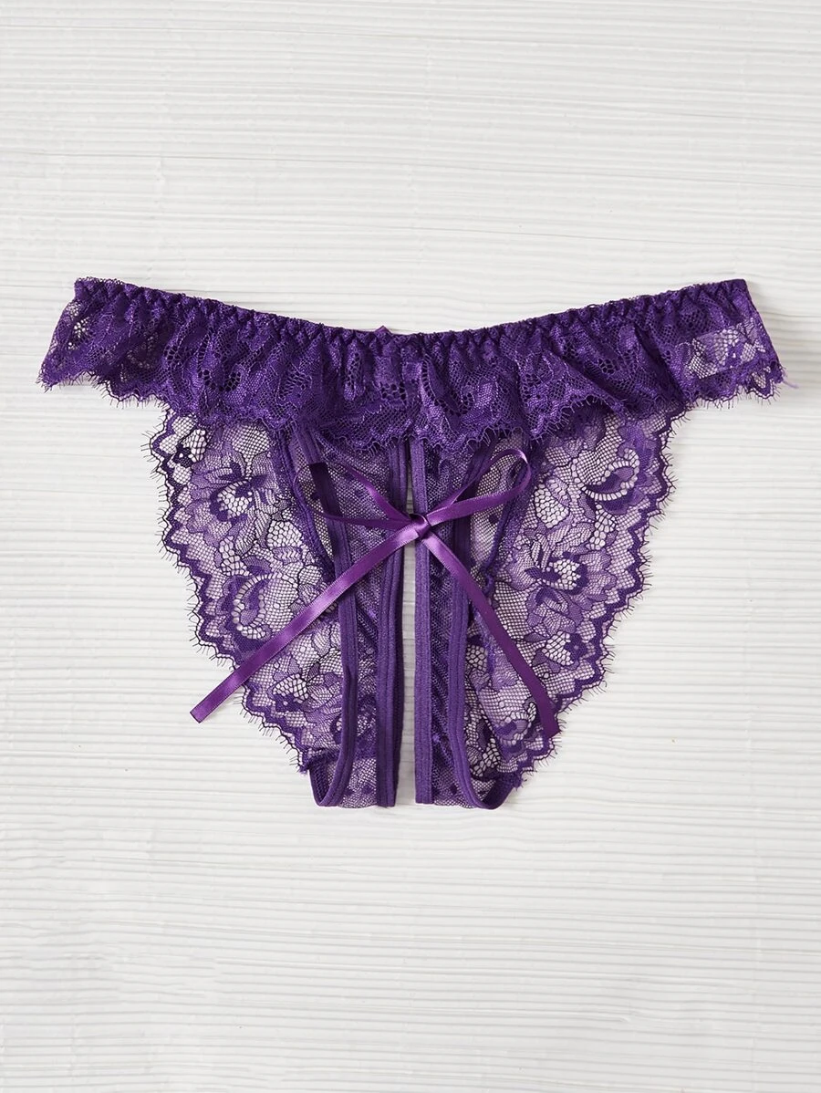 花卉綁帶鏤空丁字褲 - 紫色 - 查看 1