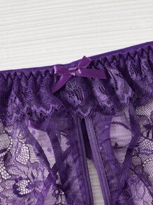 花卉綁帶鏤空丁字褲 - 紫色 - 查看 3