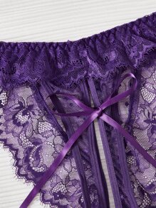花卉綁帶鏤空丁字褲 - 紫色 - 查看 4