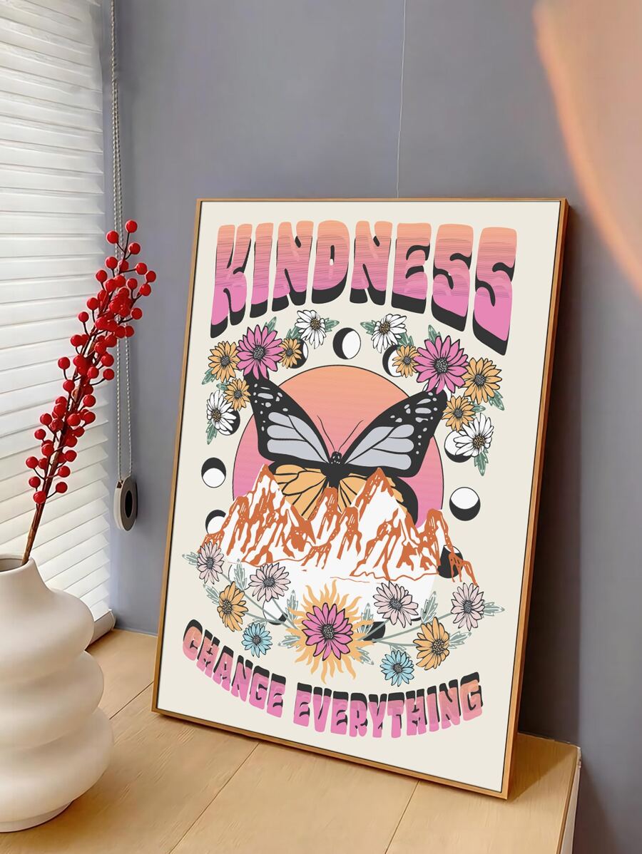 Butterfly & Floral Pattern Unframed Painting Poster Gift For Modern Wall Decor - Multicolor - View 1