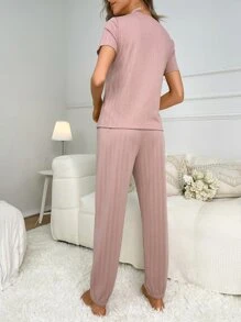 Heart Embroidery Bow Front PJ Set - Dusty Pink - View 2