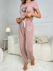 Heart Embroidery Bow Front PJ Set - Dusty Pink - View 3