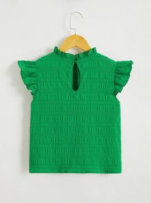 SHEIN 青少女荷葉領蝴蝶袖上衣 - 綠色 - 查看 4