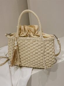 Túi rơm trang trí tua rua & hạt, hoàn hảo cho kỳ nghỉ du lịch bãi biển mùa hè - Màu be - Xem 1