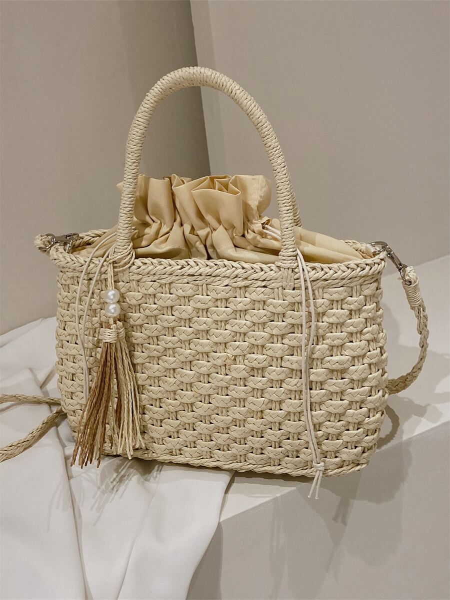 Túi rơm trang trí tua rua & hạt, hoàn hảo cho kỳ nghỉ du lịch bãi biển mùa hè - Màu be - Xem 1