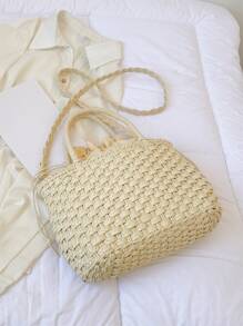 Túi rơm trang trí tua rua & hạt, hoàn hảo cho kỳ nghỉ du lịch bãi biển mùa hè - Màu be - Xem 2