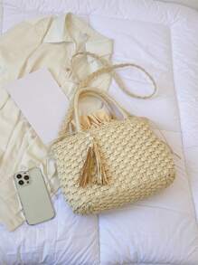 Túi rơm trang trí tua rua & hạt, hoàn hảo cho kỳ nghỉ du lịch bãi biển mùa hè - Màu be - Xem 3