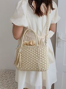 Túi rơm trang trí tua rua & hạt, hoàn hảo cho kỳ nghỉ du lịch bãi biển mùa hè - Màu be - Xem 4