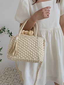 Túi rơm trang trí tua rua & hạt, hoàn hảo cho kỳ nghỉ du lịch bãi biển mùa hè - Màu be - Xem 6