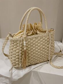 Túi rơm trang trí tua rua & hạt, hoàn hảo cho kỳ nghỉ du lịch bãi biển mùa hè - Màu be - Xem 8