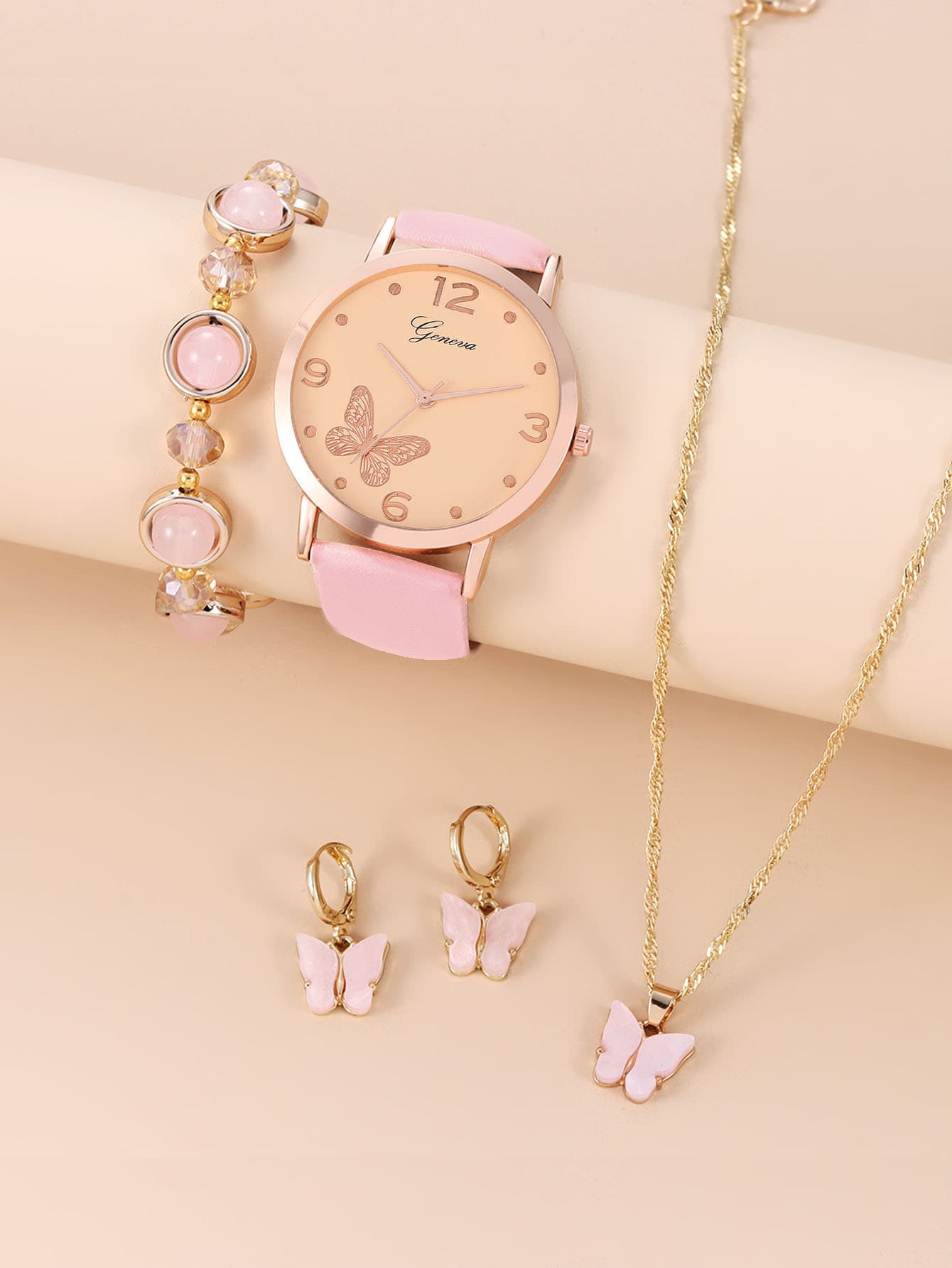 1pc Girls Pink PU Polyurethane Strap Fashionable Butterfly Pattern Round Dial Quartz Watch & 4pcs Jewelry Set, For Daily Life - Pink - View 1