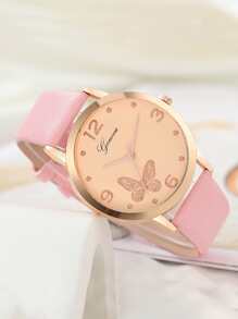 1pc Girls Pink PU Polyurethane Strap Fashionable Butterfly Pattern Round Dial Quartz Watch & 4pcs Jewelry Set, For Daily Life - Pink - View 2