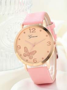 1pc Girls Pink PU Polyurethane Strap Fashionable Butterfly Pattern Round Dial Quartz Watch & 4pcs Jewelry Set, For Daily Life - Pink - View 3