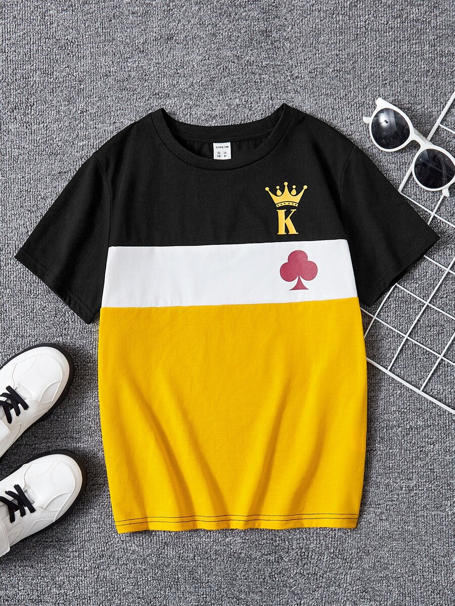 SHEIN Boys Crown & Letter Graphic Colourblock Tee - Multicolor - View 1