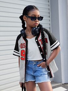 SHEIN Chicas Blusa con estampado de rayas y letra de manga raglán - Blanco y Negro - Ver 2