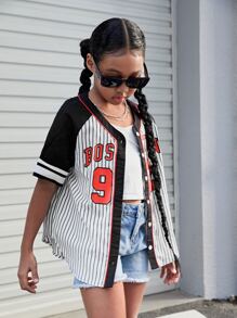 SHEIN Chicas Blusa con estampado de rayas y letra de manga raglán - Blanco y Negro - Ver 4