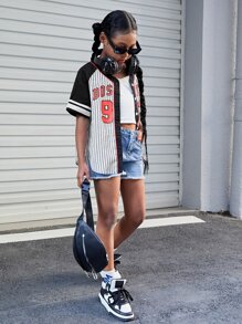 SHEIN Chicas Blusa con estampado de rayas y letra de manga raglán - Blanco y Negro - Ver 5