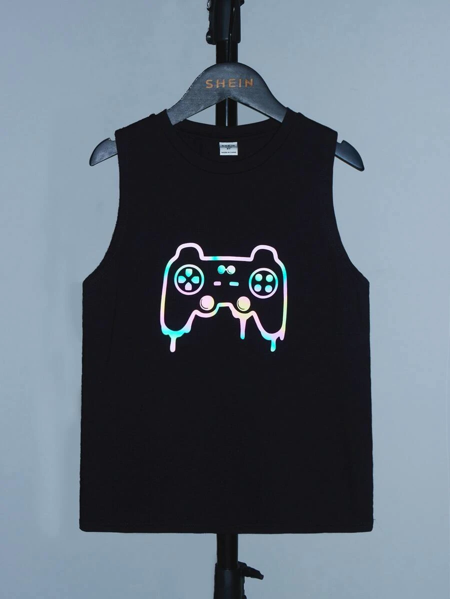 SHEIN Boys Reflective Flare Gamepad Print Tank Top - Black - View 1