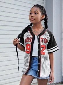 SHEIN Chicas Blusa con estampado de rayas y letra de manga raglán - Blanco y Negro - Ver 6