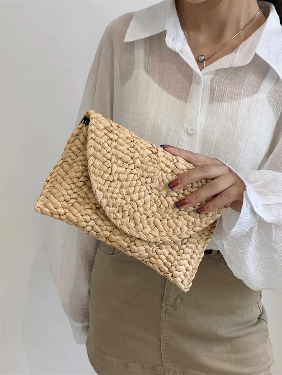 Minimalist Flap Straw Bag - Khaki - View 1