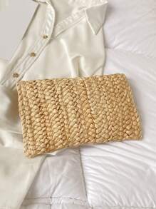 Minimalist Flap Straw Bag - Khaki - View 2
