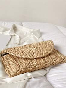 Minimalist Flap Straw Bag - Khaki - View 5