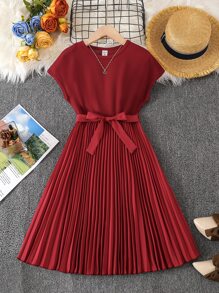 Tween Girl Batwing Sleeve Pleated Hem Belted Dress - Burgundy - View 1
