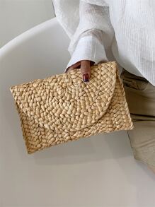 Minimalist Flap Straw Bag - Khaki - View 7