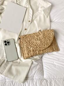 Minimalist Flap Straw Bag - Khaki - View 8