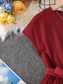 Tween Girl Batwing Sleeve Pleated Hem Belted Dress - Burgundy - View 6