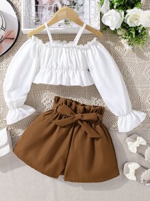 Chicas Shorts con top de hombros descubiertos de manga con volante bajo con fruncido - Multicolor - Ver 1