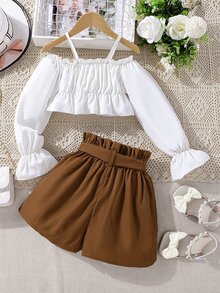 Chicas Shorts con top de hombros descubiertos de manga con volante bajo con fruncido - Multicolor - Ver 2