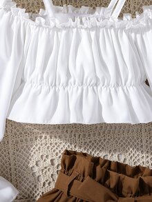 Chicas Shorts con top de hombros descubiertos de manga con volante bajo con fruncido - Multicolor - Ver 4