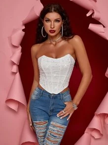 Apperloth A 女士亮片网纱上衣，性感迷人，适合音乐节、婚礼、派对及其他场合。 - 白色 - 查看 5