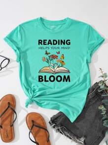 SHEIN Essnce Letter & Floral Print Tee - Mint Green - View 1