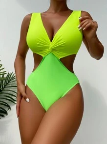 SHEIN Swim Two Tone Cut Out Waist One Piece Swimsuit - Multicolor - View 1