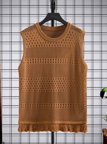 Manfinity Homme Men Fringe Hem Pointelle Knit Top - Coffee Brown - View 1